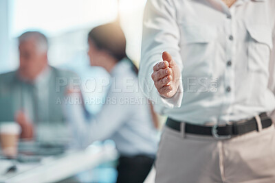 Buy stock photo Business person, handshake and greeting for b2b, partnership or meeting in agreement at the office. Employee showing hand for shaking hands in welcome, deal or team collaboration at the workplace