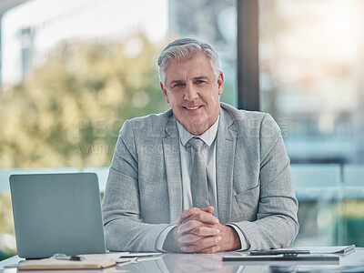 Buy stock photo Portrait of senior business man at desk working for office leadership, career mindset and company management. Happy face of corporate person, employer or boss on laptop for professional job planning