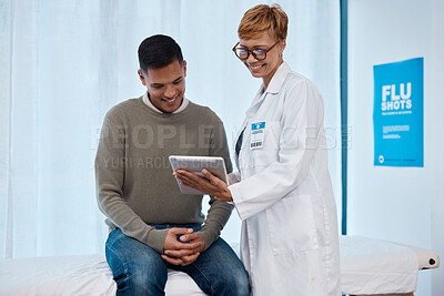 Tablet, black woman and patient consulting doctor in hospital for health results. Healthcare consultation, technology or happy senior female or medical physician with touchscreen while talking to man
