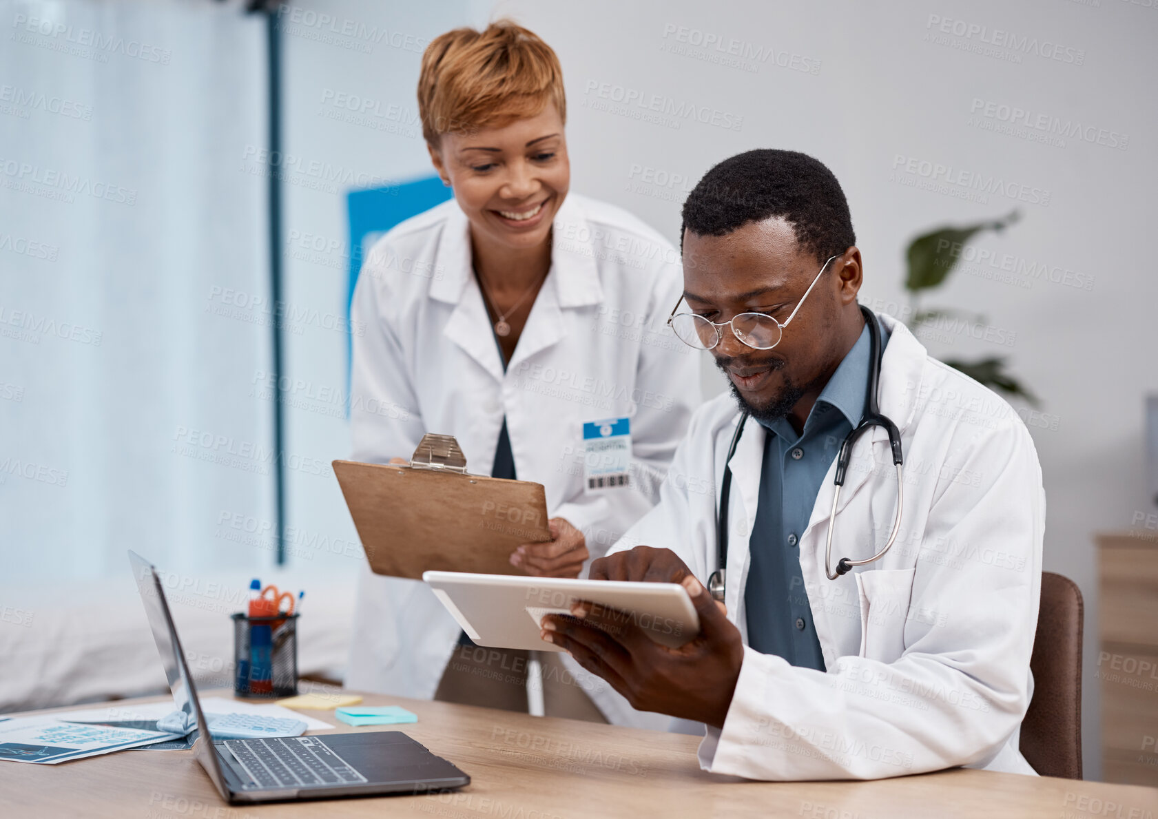 Buy stock photo Teamwork, tablet and doctors in research training, hospital data and healthcare app management. Telehealth, digital technology and analysis of medical professional or black people working in office