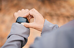 Hands, fitness and smartwatch screen in nature to track health, wellness and workout goals. Sports progress, technology app and woman athlete with watch for time, exercise schedule or running targets