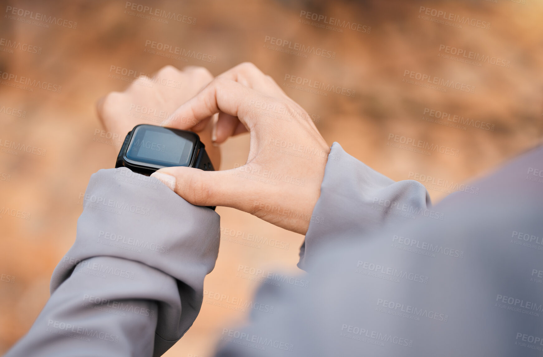 Buy stock photo Hands, fitness and smartwatch screen in nature to track health, wellness and workout goals. Sports progress, technology app and woman athlete with watch for time, exercise schedule or running targets