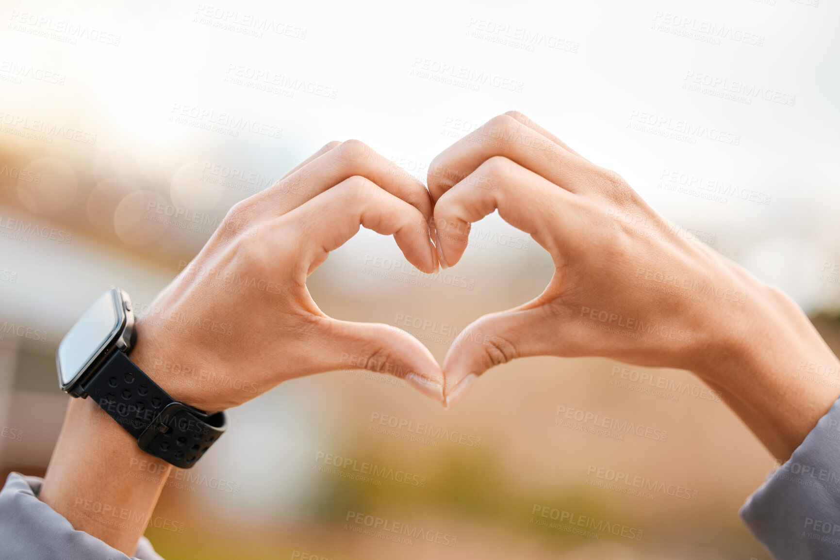 Buy stock photo Heart hands, outdoor fitness and health for smartwatch exercise, running or wellness closeup. Cardiology, exercise and healthy person with love sign and smart watch in park or nature for care emoji