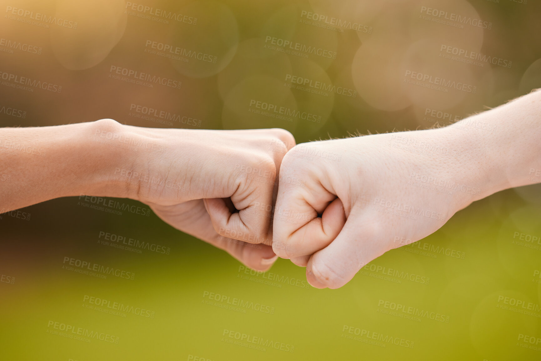 Buy stock photo Hands, fist bump and teamwork, support or collaboration for team building, solidarity or unity. Hand connection, partnership or greeting, thank you or motivation for success, goal or targets outdoors