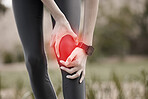Knee pain, hands and injury in nature after accident, running or workout outdoors. Sports, health and woman athlete with fibromyalgia, inflammation or tendinitis, arthritis or painful legs at park.