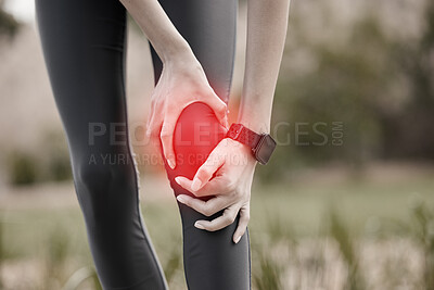 Buy stock photo Knee pain, hands and injury in nature after accident, running or workout outdoors. Sports, health and woman athlete with fibromyalgia, inflammation or tendinitis, arthritis or painful legs at park.