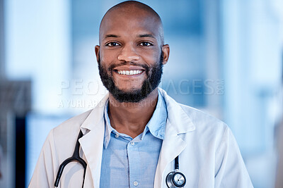 Buy stock photo Portrait of black man doctor in healthcare career, professional service smile and hospital job mindset. Face or headshot of young medical person or cardiologist with leadership and happy opportunity