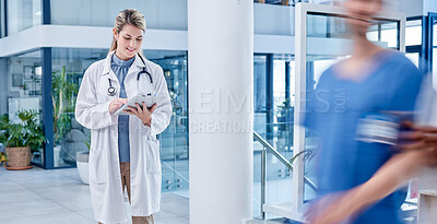 Buy stock photo Doctor, woman and tablet in hospital with motion blur, analytics and smile for results after surgery. Medic, healthcare professional and mobile touchscreen in clinic for communication on the internet