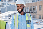 Construction worker, team and black man for b2b collaboration, project management update and onboarding. Happy contractor, builder or engineering person partnership, leadership and architecture talk