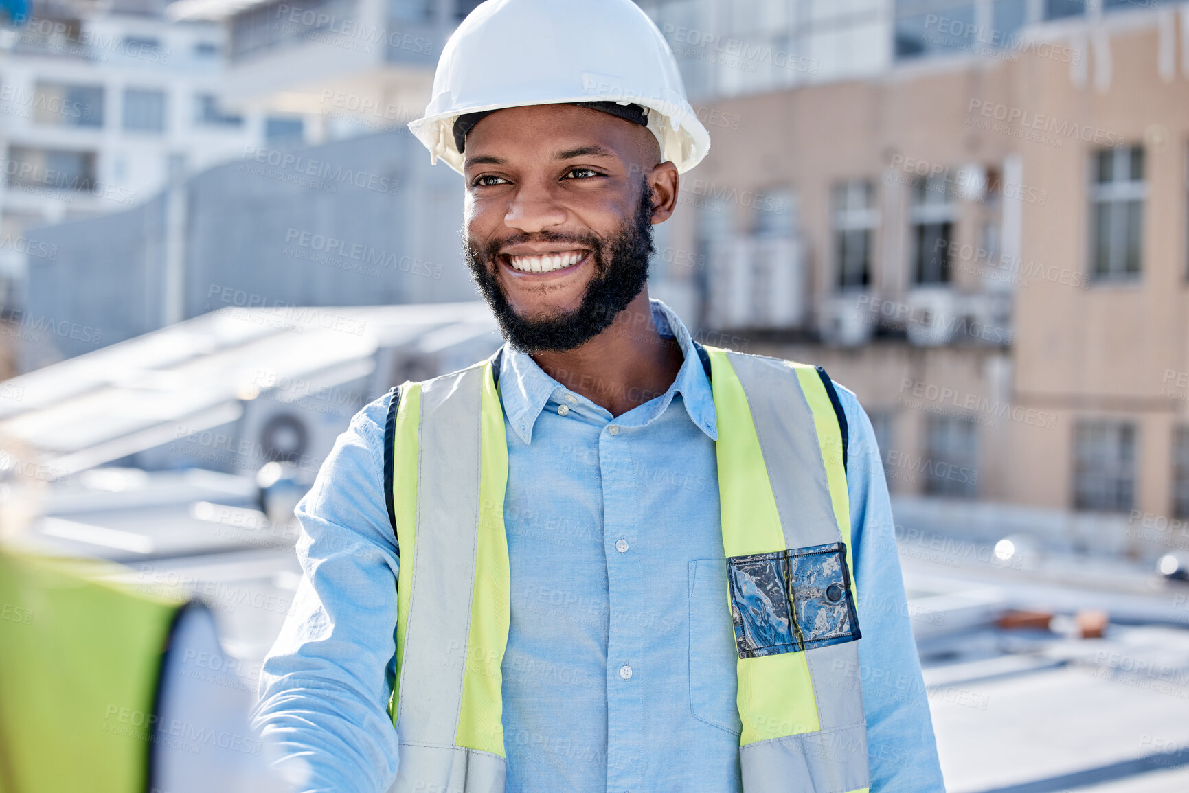 Buy stock photo Construction worker, team and black man for b2b collaboration, project management update and onboarding. Happy contractor, builder or engineering person partnership, leadership and architecture talk