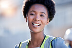 Portrait of engineering black woman or construction worker with career mindset, leadership and building development. Happy face of industry person, industrial contractor or builder in architecture