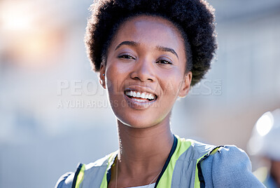 Buy stock photo Portrait of engineering black woman or construction worker with career mindset, leadership and building development. Happy face of industry person, industrial contractor or builder in architecture