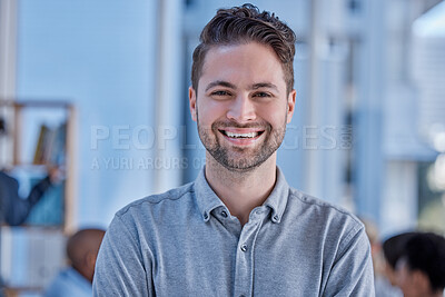 Buy stock photo Portrait, smile and business man in office for corporate management, leadership and working in Sweden. Face of happy worker, employee and manager in agency with trust, professional staff or happiness