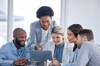 Buy stock photo Online meeting, laptop and business people on a video call in the office in discussion for a project. Diversity, technology and corporate team on webinar or working on a report together in workplace.