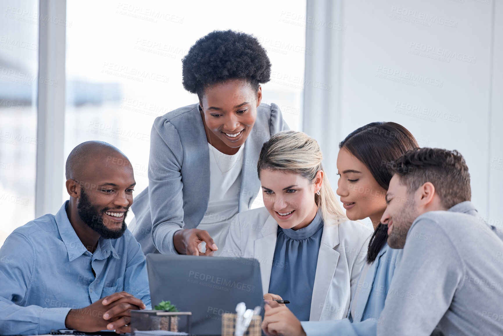 Buy stock photo Online meeting, laptop and business people on a video call in the office in discussion for a project. Diversity, technology and corporate team on webinar or working on a report together in workplace.