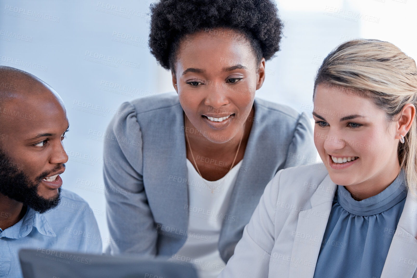 Buy stock photo Business, people and discussion on laptop for planning, research and collaboration in office. Happy employees working on computer technology with diversity team in agency, strategy and online project