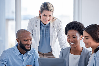 Buy stock photo Online meeting, video call and team on a laptop in the office in discussion for a corporate project. Diversity, technology and business people on webinar or working on a report together in workplace.