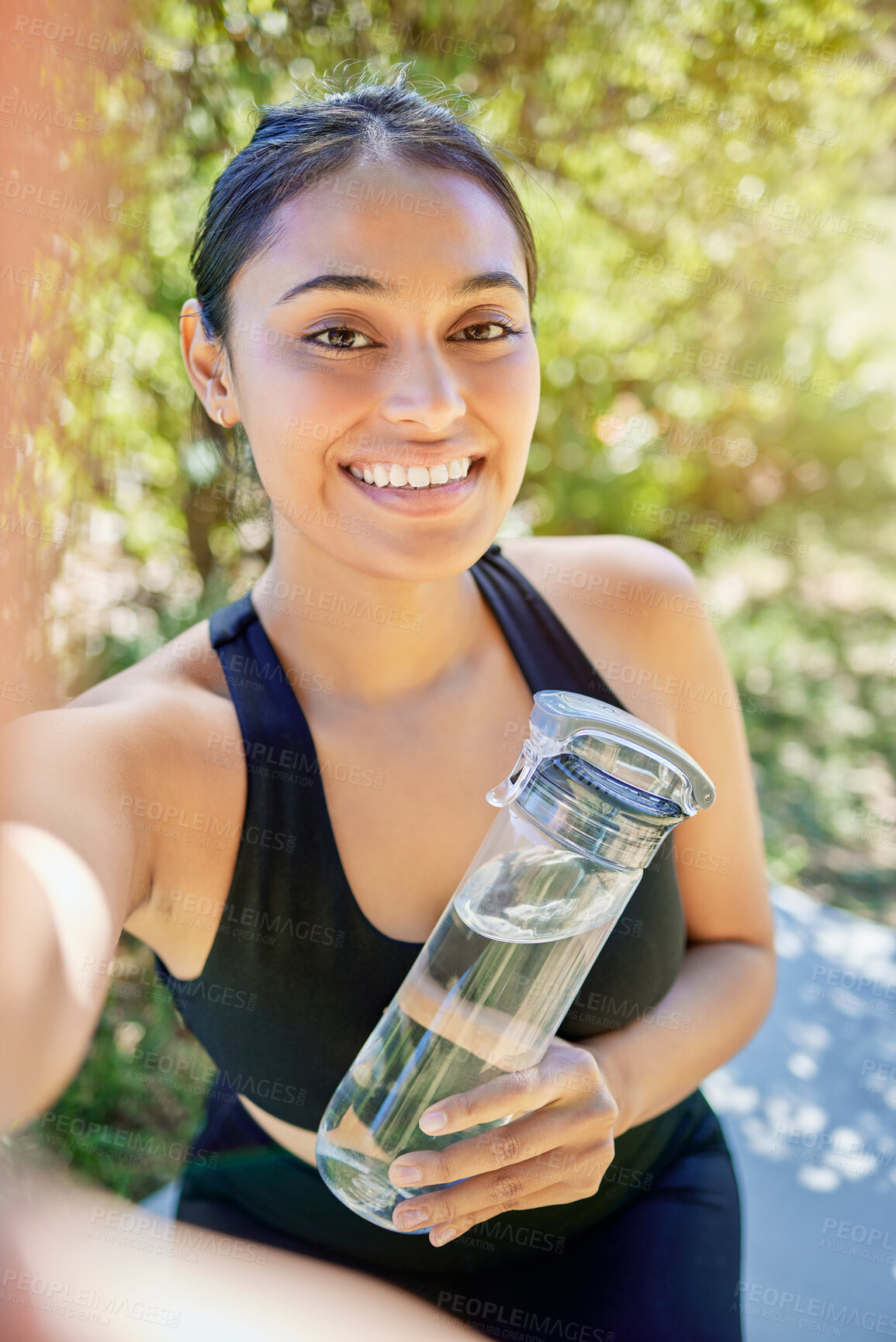 Buy stock photo Portrait, selfie and woman with water smile after yoga, workout or cardio training in nature, happy and excited. Face, social media and girl health influencer pose for photo, profile picture or blog 