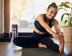 Yoga black woman, portrait and stretching leg with smile, peace and mindfulness training in morning at gym. Happy gen z girl, zen workout and happiness for development, goals and mindset for wellness