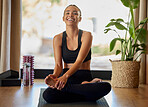 Woman, yoga and portrait smile on mat for zen workout, exercise or calm meditation and stretching at home. Happy  and healthy female yogi smiling in joyful happiness for spiritual wellness or fitness