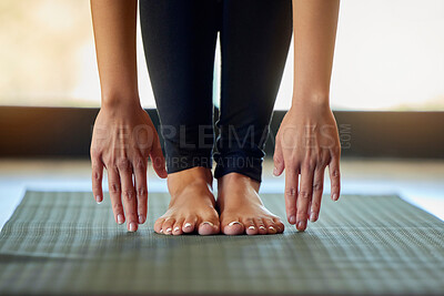 Buy stock photo Hands, feet and woman stretching on yoga mat for exercise, cardio and flexibility warm up in her home. Barefoot, hand and girl stretch for meditation, training for pilates workout in a living room