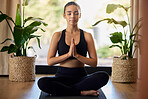 Yoga black woman, lotus and peace for mindfulness training or start morning exercise in gym. Young gen z girl, zen workout and pilates for development, goal or mindset for wellness on floor in home