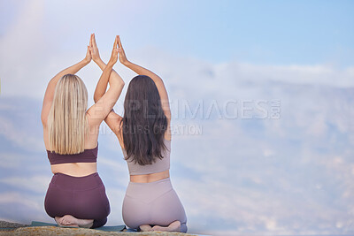 Buy stock photo Yoga, namaste hands and people on sky mockup for meditation support, wellness teamwork and healing together. Prayer of friends, women or people on mountain for praying, faith or zen fitness in rear