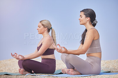 Buy stock photo Lotus meditation, outdoor and women exercise in nature for fitness, peace and wellness. Yoga friends on beach ground for workout, training and energy for mental health, chakra and zen mind or time