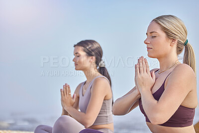 Buy stock photo Meditation hands, outdoor and women exercise in nature for fitness, peace and wellness. Yoga friends on blue sky for namaste prayer workout, training and energy for mental health, chakra and zen mind