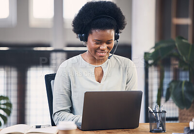 Buy stock photo Call center, laptop or black woman typing in telemarketing startup agency office with a smile. Face, customer services or happy African sales consultant in a telecom or communications company