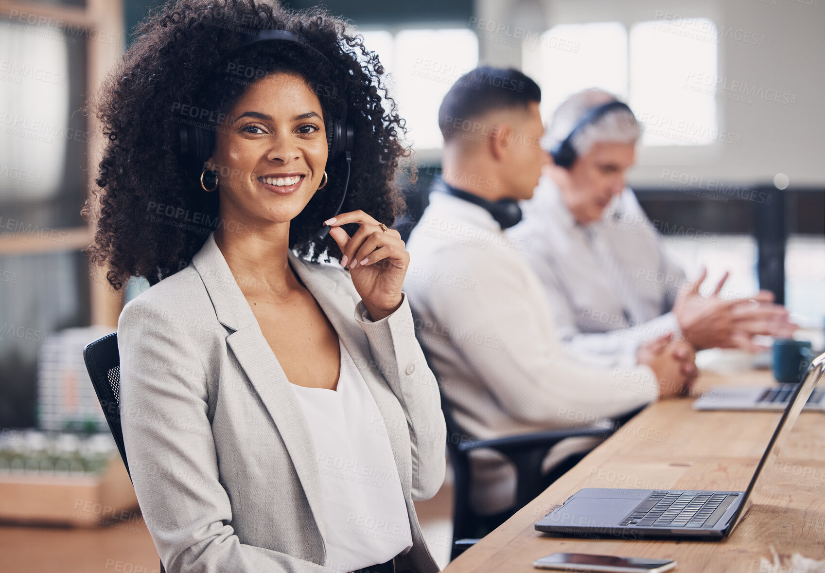 Buy stock photo Portrait, call center and customer service with a black woman consulting in her telesales office for work. Contact us, support and telemarketing with a female employee or consultant using a headset