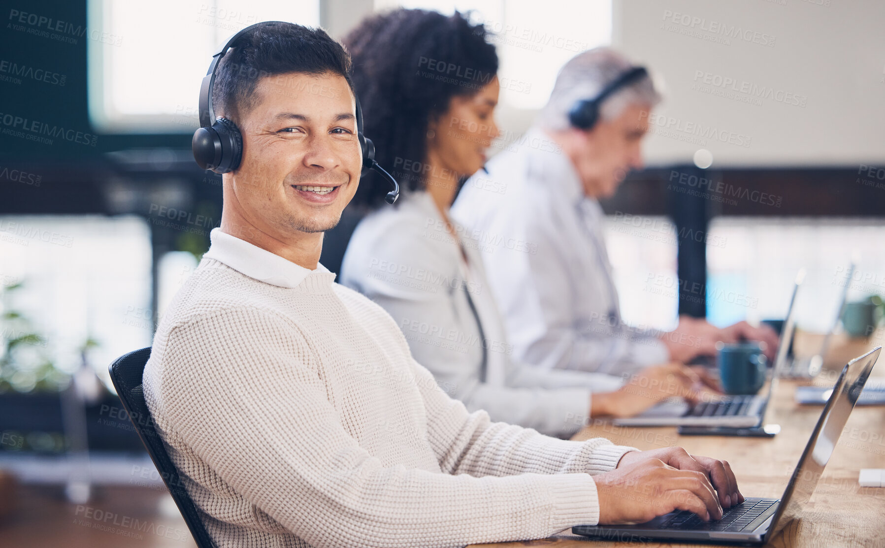 Buy stock photo Portrait, laptop and call center with a man consultant working in a telemarketing office for support. Customer service, contact us and computer with a male employee consulting using a headset