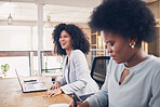 Black woman laughing in a business meeting for funny ideas, planning online and startup teamwork in office workspace. Happy professional people working on laptop for collaboration and career workflow