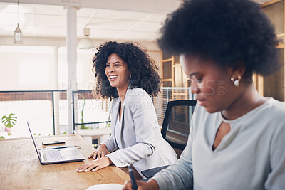 Buy stock photo Black woman laughing in a business meeting for funny ideas, planning online and startup teamwork in office workspace. Happy professional people working on laptop for collaboration and career workflow