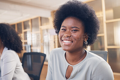 Buy stock photo Portrait, business or happy black woman in office building startup agency with leadership, smile or confidence. Manager, face or headshot of African worker in workspace with company or career mindset