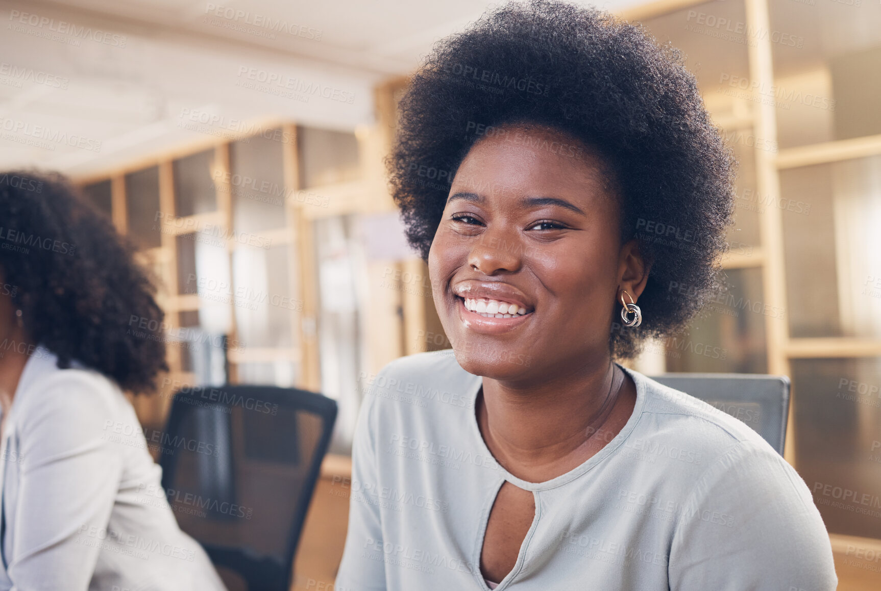 Buy stock photo Portrait, business or happy black woman in office building startup agency with leadership, smile or confidence. Manager, face or headshot of African worker in workspace with company or career mindset