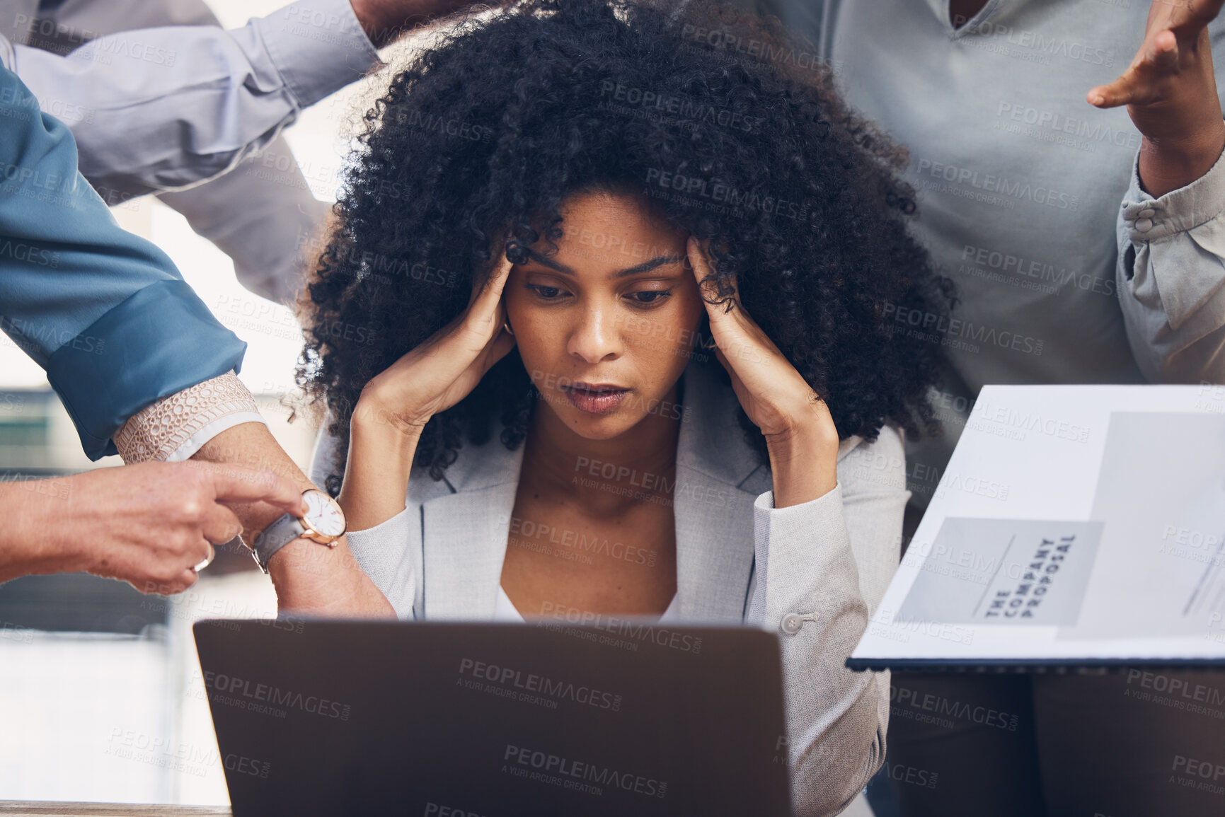 Buy stock photo Crisis, stress and black woman with headache from multitasking, workload and team pressure in office. Burnout, fail and corporate manager with anxiety, mistake and deadline, problem or online glitch