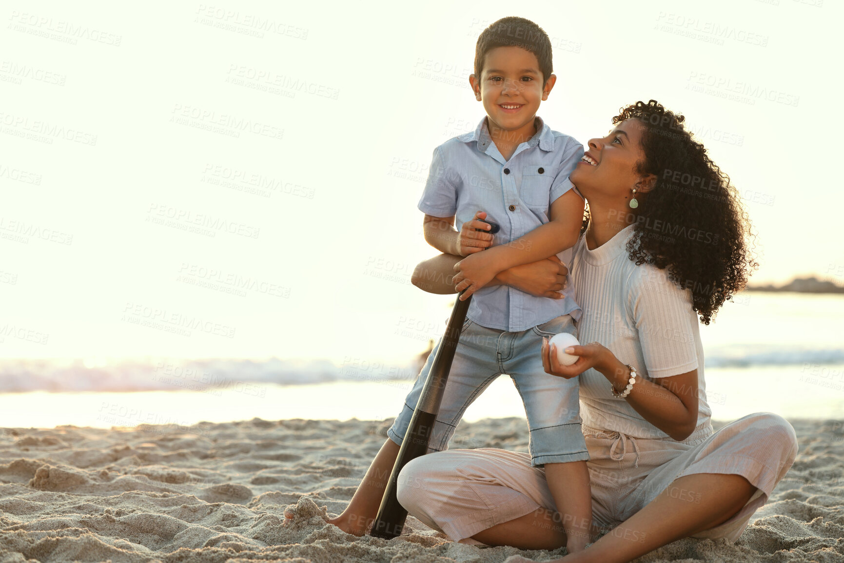 Buy stock photo Beach, baseball and a portrait of a family with black children playing sports at sunset by the ocean on mockup. Kids, love or sport with a mother and son on sand to play a summer game while bonding