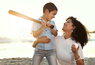 Buy stock photo Beach, baseball and a black family with children playing sports together by the ocean or sea at sunset. Kids, love or sport with a mother and son on the sand to play a game while bonding in summer