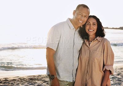 Buy stock photo Senior couple, smile and portrait at beach, having fun on vacation or holiday mockup. Romance, love or happy, elderly and retired man and woman by ocean or seashore enjoying time together at sunset