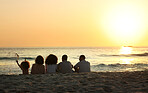 Big family, sunset view and back at beach, having fun and bonding on vacation outdoors mockup. Care, love and children, grandmother and grandfather with parents sitting and enjoying holiday time.