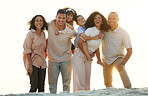 Big family, sunset and portrait smile at beach, having fun and smiling on vacation outdoors. Care, bonding and happy kids, grandmother and grandfather with parents laughing and enjoying holiday time.