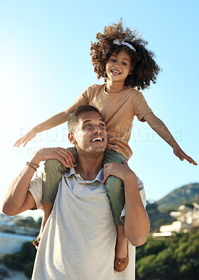 Buy stock photo Father, child and piggyback with smile on beach for summer vacation, holiday or family bonding time. Happy dad holding girl on back walking and enjoying playful freedom together for fun in the sun