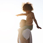 Father, child and piggyback with smile on mockup for summer vacation, holiday or family bonding time outdoors. Happy dad holding son on back walking and enjoying playful freedom together in the sun