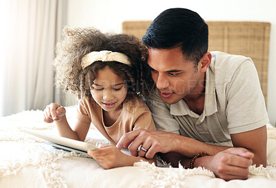 Buy stock photo Tablet, learning child and father teaching for online development, home education and relax on bed. Dad or black man with girl on digital technology for internet game, helping and bonding together