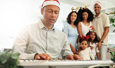 Buy stock photo Man, christmas singing and piano for happy family, festive celebration or bonding for love. Father, teaching and music at keyboard for development, education or holiday spirit with mom, kids and home