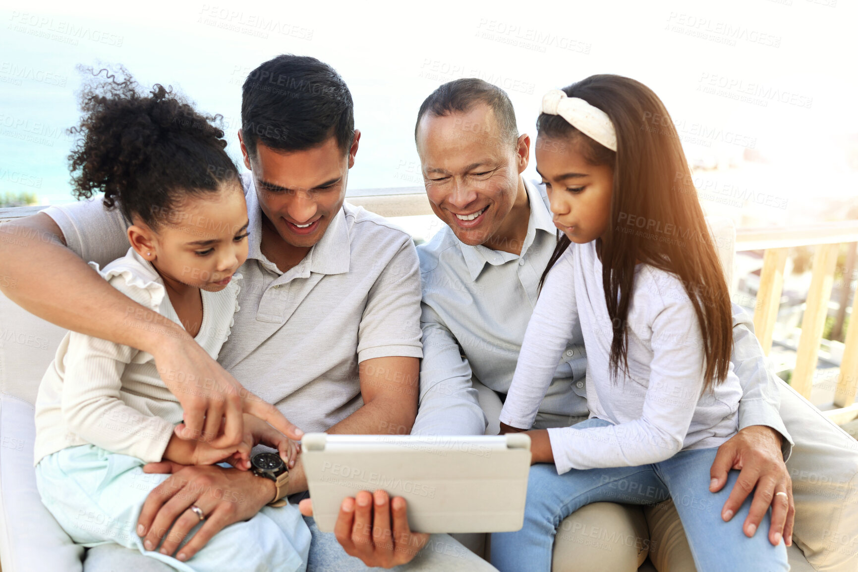 Buy stock photo Tablet, black family and kids with online video, movies or cartoon together for love, learning and bonding. Happy fathers day, relax and children watch film or show on digital technology for holiday
