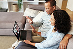 Couple, laptop and wave for video call on home sofa for communication and network connection. Man and woman in living room with technology for virtual conversation hello during distance family chat