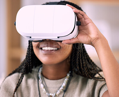 Buy stock photo Future, black woman and virtual reality glasses for game, metaverse and happiness in living room. Futuristic, African American female and girl with technology, vr and entertainment on break and relax