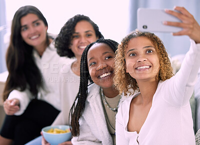 Buy stock photo Woman, friends and smile for selfie, profile picture or vlog together relaxing on living room sofa at home. Happy women smiling for photo, memory or online social media post in friendship indoors